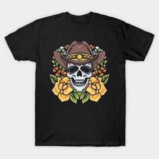 American Traditional Cowboy Skeleton Floral tattoo T-Shirt